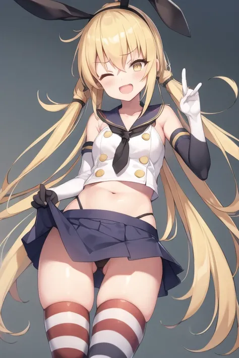 1girl, satsuki, kantaicollection, blonde_hair, long_hair, yellow_eyes, shimacos,crop top,microskirt,thighhighs,elbow gloves, smile, one eye closed, crescent_pin, open_mouth, necktie, (masterpiece), high resolution, 8k, best quality
