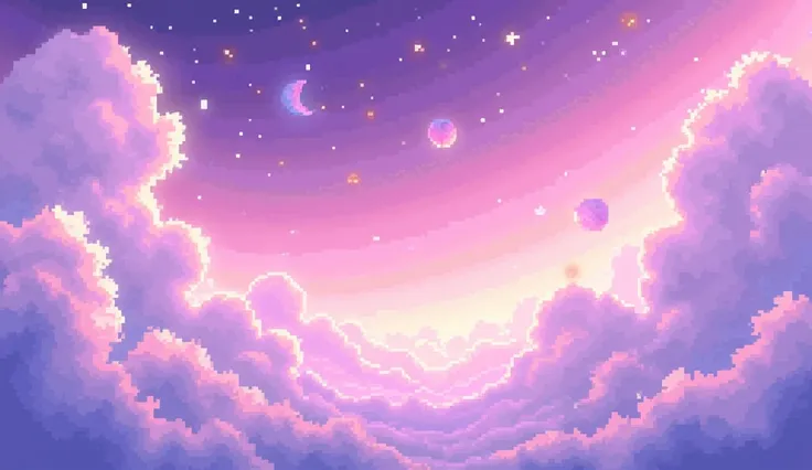 Aesthetic background,pixelated,with dreamy cozy colours,some stars and clouds just sky no ground etc, purple
A little less clouds and some shining asteroid in background 
Change the position of cloud 