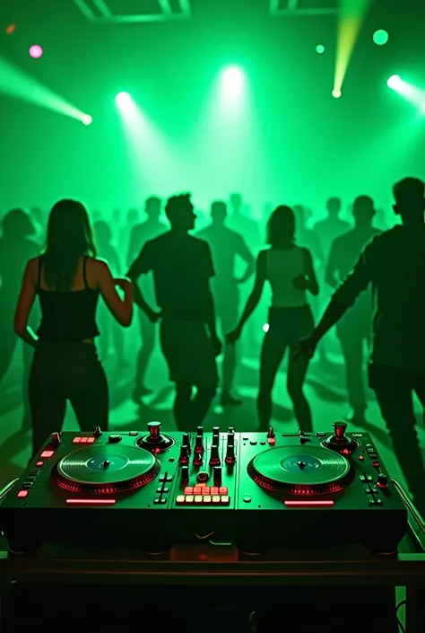 Dance Club, green lights, turntables in front