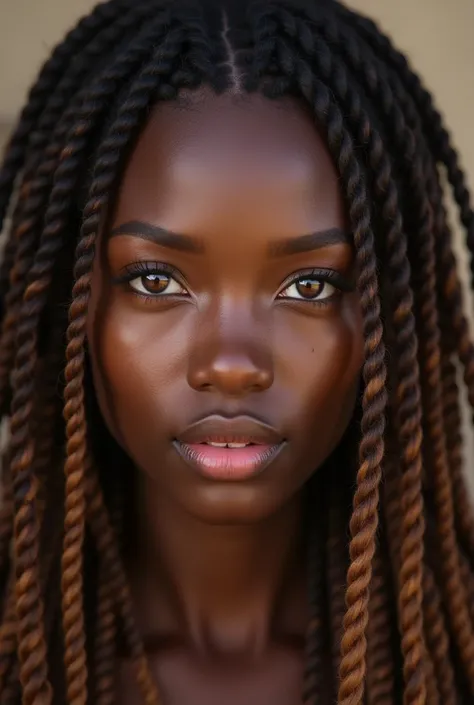 a one woman, black,  with brown braids, eyes browns, pink mouth 