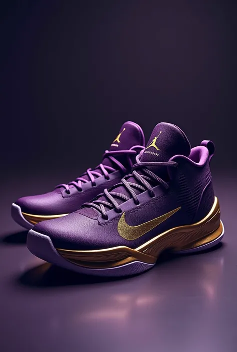 Basketball shoes, put the HZ brand that have the best jumping technology and the best materials that have a dark purple and gold color with the shape of a killer whale, low boot