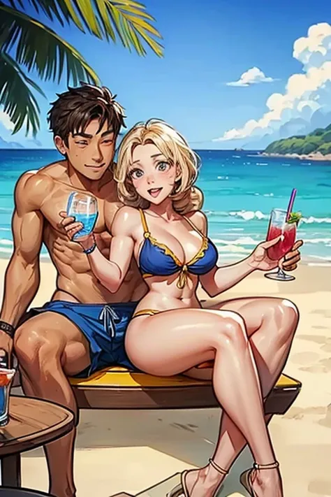 Digital drawing of a couple, sitting very close to each other, in a beach environment, the man holding a drink, a beautiful drawing of a couple, the shirtless man wearing shorts and the woman in a bikini, better quality image, 8k, cartoon style