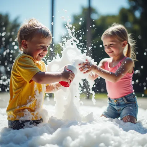 A close-up, photorealistic shot of a big soap cannon, 60cm in diameter, spraying thick foam as two kids, a boy and a girl around , stand nearby, happily playing in the foam. Their wet clothes cling to them, with soap bubbles sparkling in the sunlight.