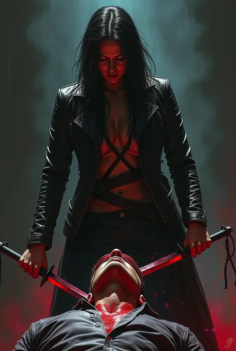 Realistic, A beautiful marvel Elektra knife, cut throat A man blindfold neck bloody splash, full body, wide o pen throat