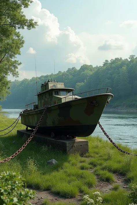 Here is a prompt describing this scene: "A sturdy, camouflaged army boat sits on a patch of green grass by a river. Beneath the boat is a solid cement support, with thick, rusty chains wrapped around it, securing the boat in place. The river flows peaceful...