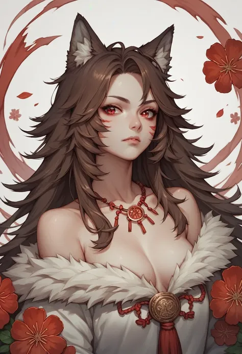 Brown Hair,Long Hair,Red eyes, Wolf Girl,Wolf Year,Wolf&#39;s Tail、Huge breasts、T-shirt maxi dress、Long sleeve、Cleavage、See-through clothing