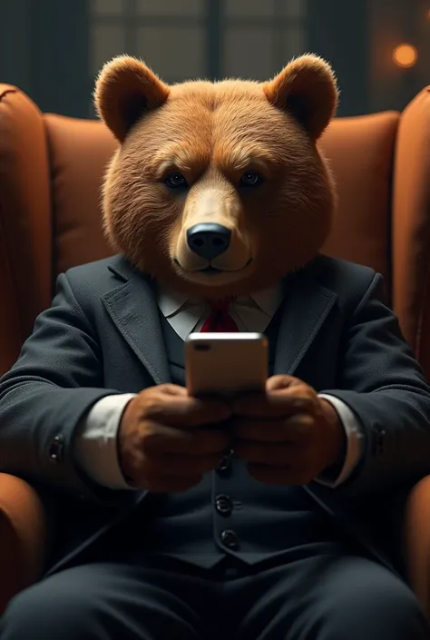 Generate for me a brown bear in a suit sitting in an armchair with a cell phone in his hand realistic style artificial intelligence. I want the most realistic possible scenario, it&#39;s a dark place with lights in it, 3D 4K, sitting facing forward, lookin...