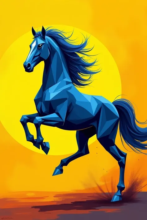 Painting of horse in geometrical shapes. Horse should be in navy blue colour with yellow background. Horse should be jumping. Hair should be blue 