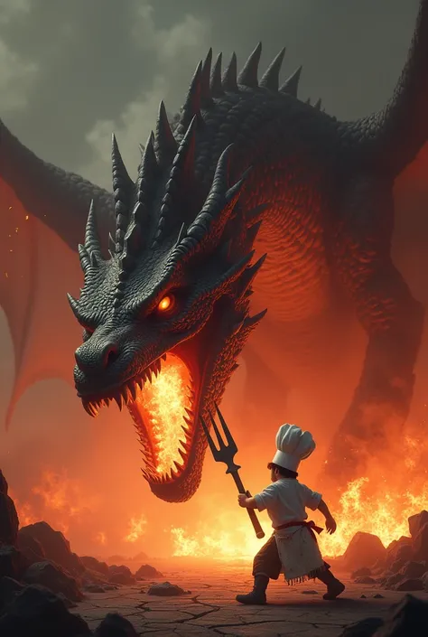 Create an image of a dragon fighting with Chefito while holding a barbecue fork and with hell in the background.