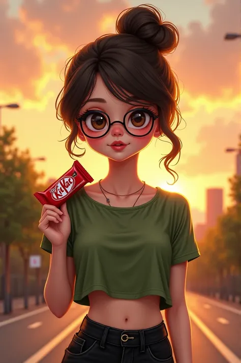 A beautiful girl who has big specs and she has half bun hairstyle and holding kitkat in her hand at sunset and she is wearing green crop top and black jeans with white shoes 