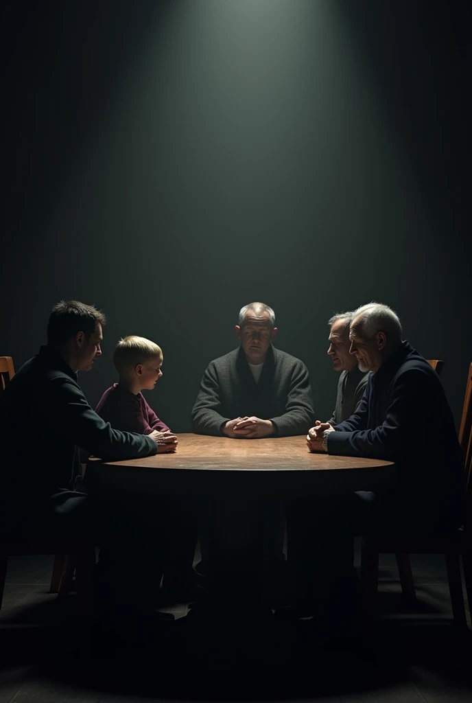 The picture has a baby boy, an older boy, a young man, a working man, and an old man sitting on a circular dining table. All are men  Virtual image The tone of the picture is mysterious and dark. There are only 5 people in the picture.
