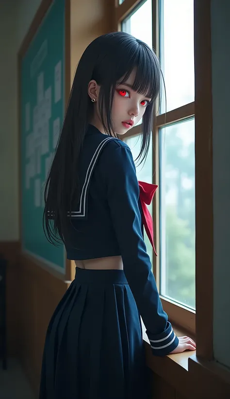 A beautiful girl with red eyes wearing a navy blue sailor uniform standing by the window in the classroom, (((red eyes))), Highest quality、Highest quality、Masterpiece、Ultra high definition、Reality、Detailed eyes and face、Professional photography techniques、...