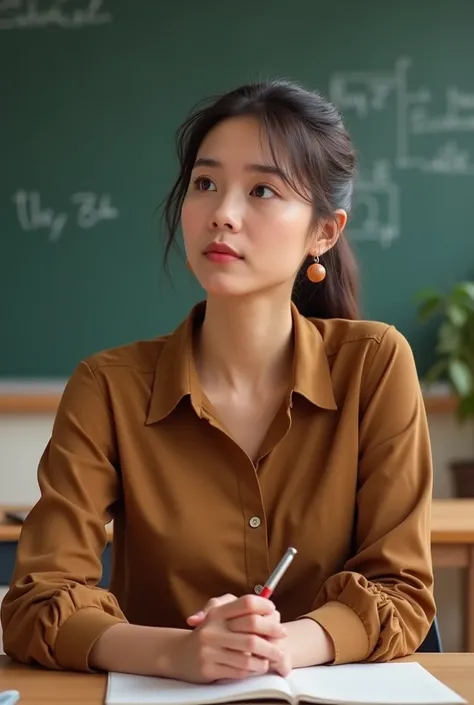 A teacher in a brown blouse, with a ponytail, brown earrings in the shape of little balls