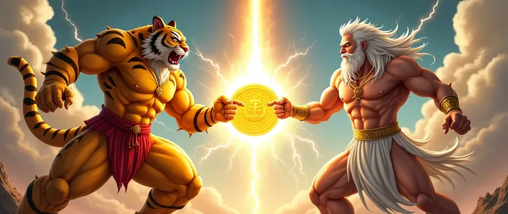 Create a dynamic fusion scene inspired by the classic fusion pose from popular anime Dragon ball z. The scene should feature two distinct characters: Character 1 (Fortune Tiger): An anthropomorphic tiger with a strong and muscular build, wearing a traditio...