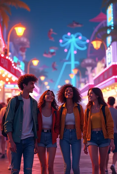 Create an image of four friends, two men and two women, in an amusement park at night 