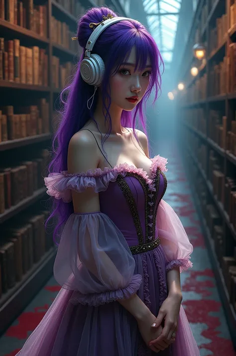 Korean purple haired butterfly woman with headphone wearing 1800s dress and in bloodstained bookstore with books