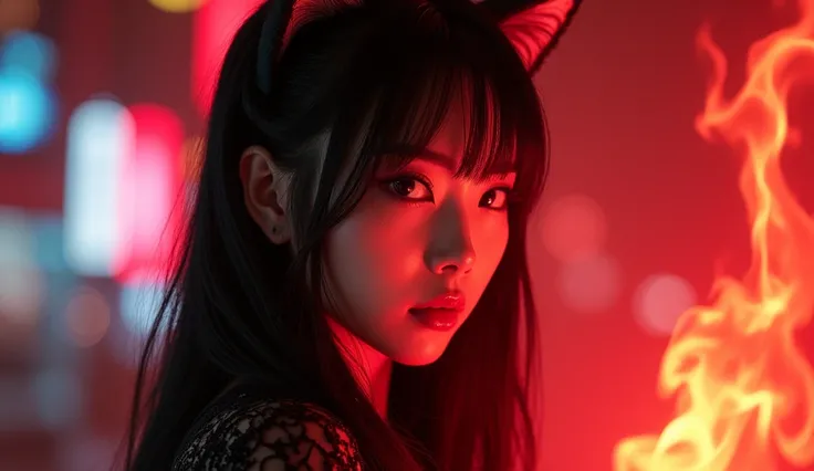 beautiful girl, Korean woman, 35 years, Long face, adult, elegant, black long hair, Red eyes, uses red flame, Cat&#39;s ears, cyberpunk, neon, Scarlet Flame, cyberpunk 2077, black stripes under the eyes, lesbian sex