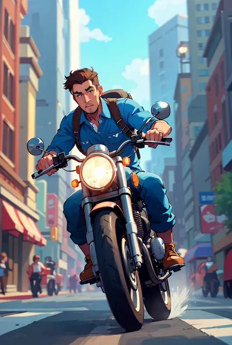 a man in a blue shirt, animated, no beard, wearing a cap, riding a motorcycle