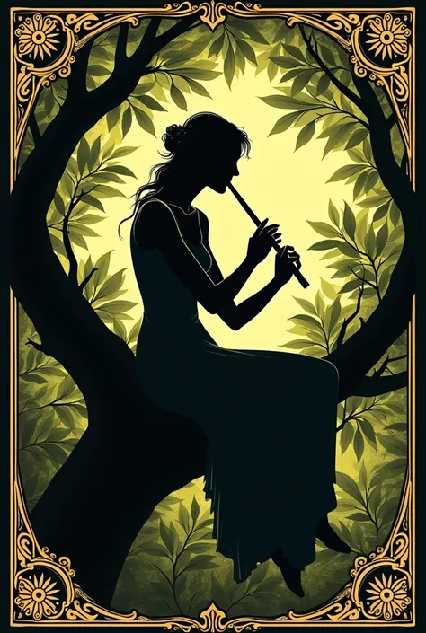 Woman playing the short flute with both hands sitting in a tree, Renaissance style.
Very decorated frame, Mucha Style. Seen as a shadow, logo type. Godiva style
