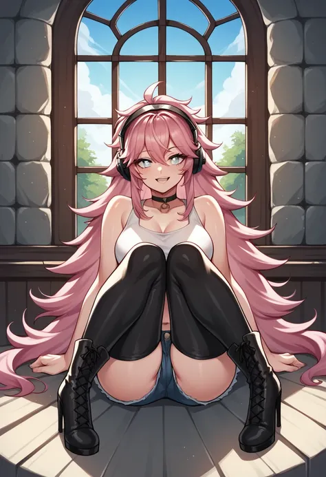 score_9, score_8_up, score_7_up, score_6_up, score_5_up, score_4_up, source_anime, 1woman, sexy face, sit, pink hair, long hair, white eyes, croosed legs, messy hair, white crop top, jeans shorts, black thigh high boots, heels, day, windows, beautiful view...