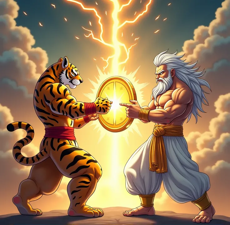 Create a dynamic fusion scene inspired by the classic fusion pose from popular anime Dragon ball z. The scene should feature two distinct characters: Character 1 (Fortune Tiger): An anthropomorphic tiger with a strong and muscular build, wearing a traditio...