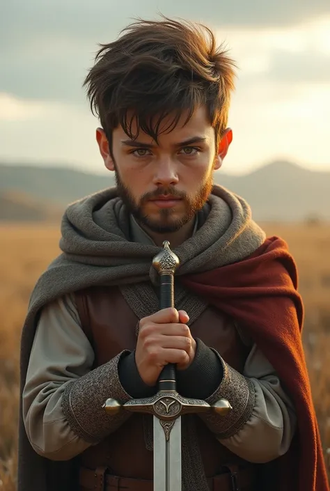 There is a boy with beautiful hazel eyes, a beard, and a sword in his hand