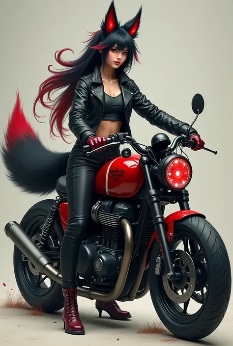 Create a young kitsune woman with black and red fur next to her large, scary-looking, cursed motorcycle. Gives her humanoid features, including face, body and hands. With biker clothes, not sensual at all. Include a three-tailed tail.