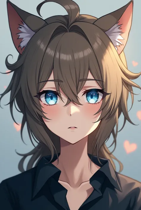 A man with blue feline eyes and long light brown anime hair