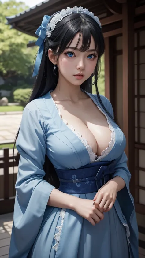 A beautiful Japanese lolita, high resolution, precise, High details, ultra HD, breasts big, slightly separated lips, blue colored eyes, Long fabric format, Depth of field, OctaneRender 8K, 