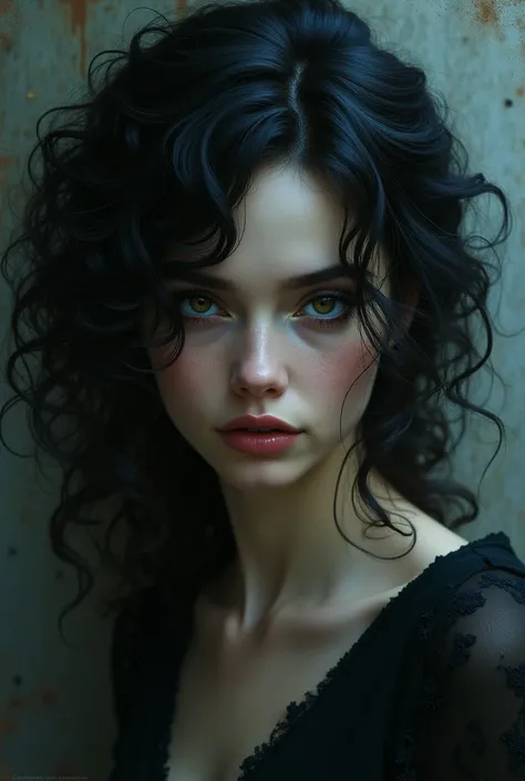 Caucasian female, with curly black hair, corda, and frighteningly beautiful