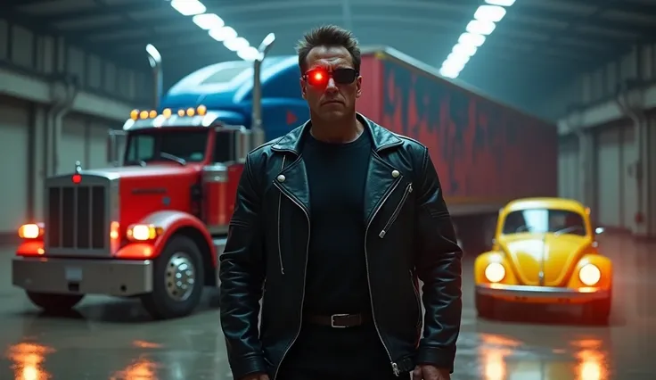 in the foreground is Arnold Schwarzenegger as the Terminator, one of Arnold&#39;s eyes glows like a red LED, he wears all black clothes, he is wearing sunglasses, he is wearing black leather jacket, He stands next to Optimus Prime as an old red and blue 19...