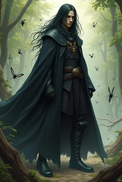 Crie um Guardião do Enxame do d&d. The character is a human male with a slender body, with a psychotic and frightening expression. He is surrounded by little insects, reflecting your connection to nature. Your skin is normal white, and he has long black ha...