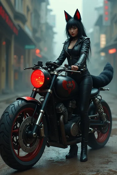 Create a young kitsune woman with black and red fur next to her large, scary-looking, cursed motorcycle. Leave the woman with humanoid features, including face, body and hands. With closed biker clothes. Include a three-tailed tail.