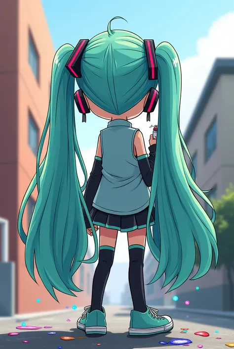 hatsune miku cartoon style style " Ed Ed Ed". with his back turned holding a spray can
