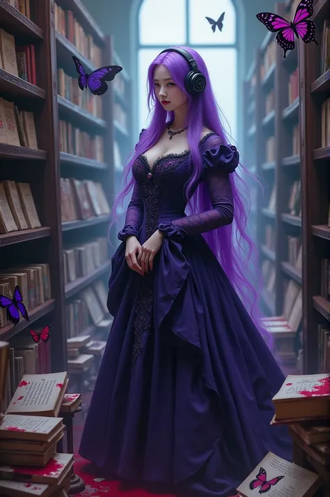 Korean purple haired butterfly woman with headphones in 1800s dress and in bloodstained bookstore with books with butterflies with bloods