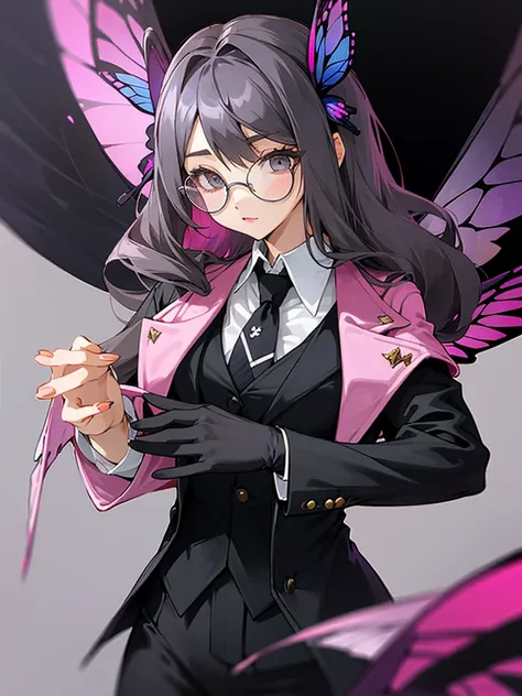 long black fur　glasses　black and white suit　blue tie　pink butterfly wings woman