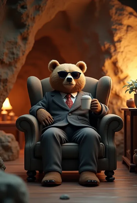 A highly detailed 3D image in 4K resolution of a brown bear sitting comfortably on a plush armchair inside a cozy cave. The bear is dressed in a suit and wearing sunglasses, holding a cup of coffee in one paw. The cave features ambient lighting effects in ...