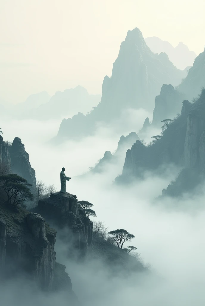 Chinese ink painting mountain、A thick fog hangs over the place.、A small silhouette of a stone Jesus floating in the mis, Fantastic WorlHigh Resolution, Looking at viewer, 