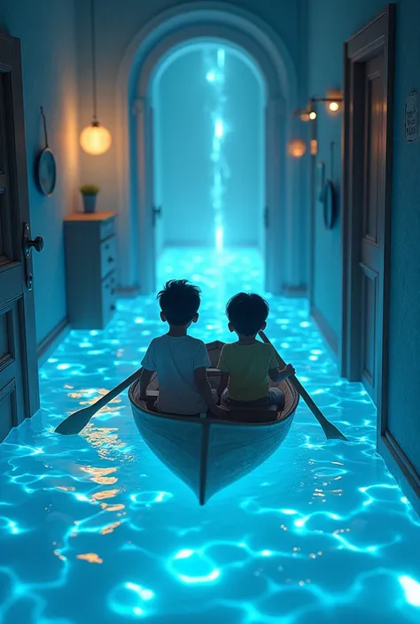 Two brothers (Boys children), inside a rowing boat, sailing through a sea formed by lights inside the apartment where they live. 