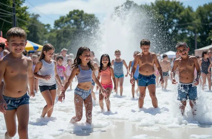 A wide-angle photo capturing a busy outdoor scene where children of all ages are playing in light, soapy foam. The foam is gently cascading down, creating a fun and lively environment. The kids, dressed in wet summer clothes, are laughing and interacting w...