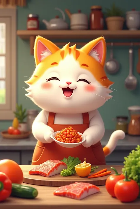 The main character is a cute cat wearing an apron and cooking in the kitchen.。Colorful vegetables and fresh fish are cut into pieces.、The cat is handling the ingredients with a smile on its face while cooking.。Cooking utensils and spices are displayed in t...