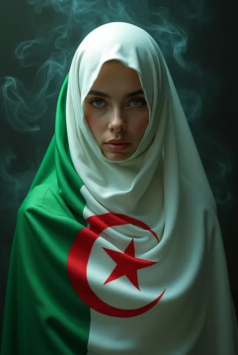 A slightly fat veiled woman, looking at the camera, white and green veil with a large Algerian flag pattern, black background with colored smoke, realistic image