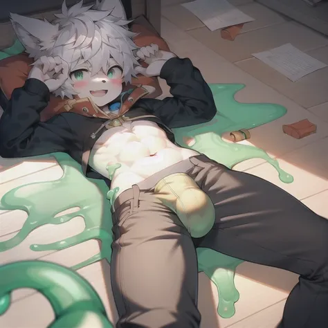 The whole body is covered with talisman paper，happy，Shota，Bulge in pants，White slime