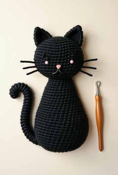 Black cat logo made of cotton thread. With crochet hook 