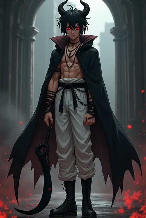 anime boy (dark fantasy) with black dreads, red eyes, brown skin, black horns and a black cloak and white martial arts pants and black spiked leather boots with black chains around him as he holds a black scythe (full body)