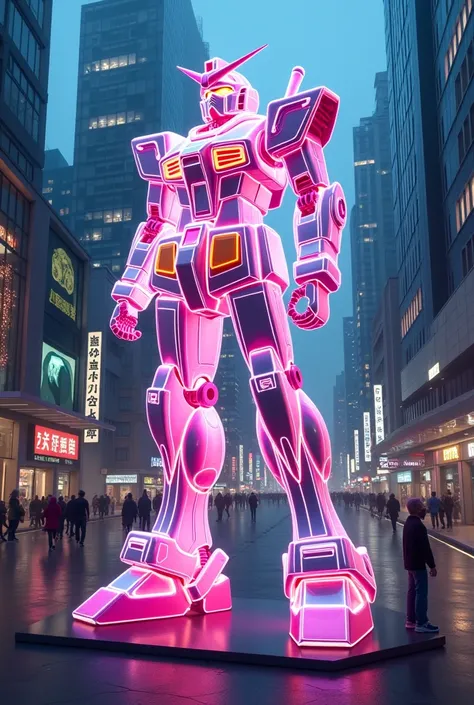 photorealistic image of a very realistic neon colored holographic statue of a Japanese giant robot GUNDAM, in the center of the city, image from above, (masterpiece: 1.4), (super high quality 8K), (very realistic)