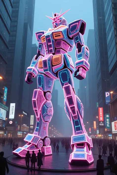 photorealistic image of a very realistic neon colored holographic statue of a Japanese giant robot GUNDAM, in the center of the city, image from above, (masterpiece: 1.4), (super high quality 8K), (very realistic)