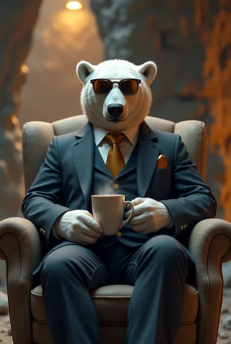 Generate for me a polar bear in a suit sitting on a stone armchair with sunglasses holding a cup of coffee in a cave in a realistic 4k 3d style with light effects reflecting on it