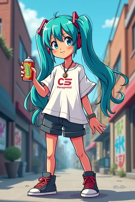 hatsune miku cartoon style, dressed in a loose top with a rapper style " Ed Edd y Eddie". grabbing a spray can
