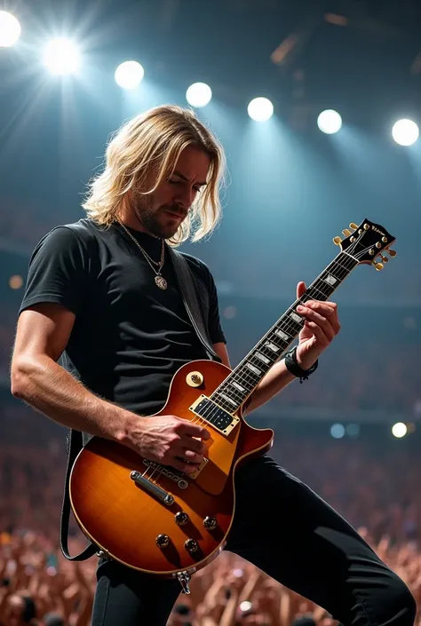 A rock guitarist. Blond with mi-long hair. Plays a Gibson Les Paul. Hes playing in a stadium